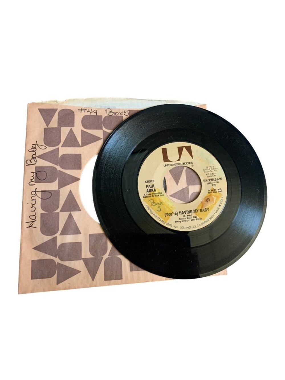 Paul Anka "Having My Baby" 45 RPM Vinyl Record Original Sleeve United Artists 19